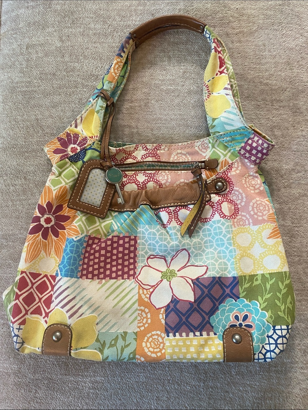 Fossil Satchel Colorful Patchwork Floral Tote Bag with Brown leather 3 Pocket